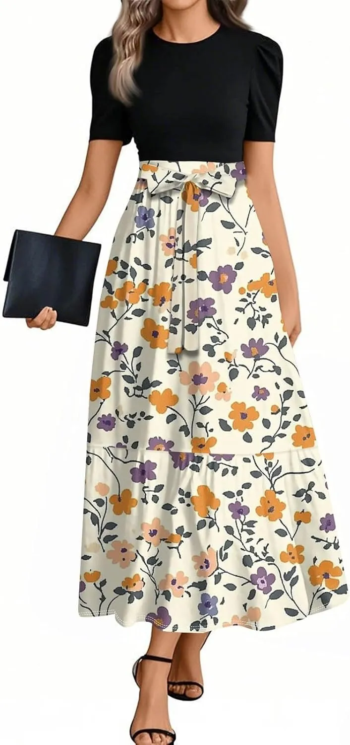 Summer Dresses for Women- Women's Casual Short Sleeve Ruffle Hem Dress Round Neck High Waist A Line Midi Dresses