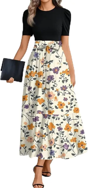 Summer Dresses for Women- Women's Casual Short Sleeve Ruffle Hem Dress Round Neck High Waist A Line Midi Dresses