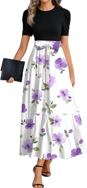 Summer Dresses for Women- Women's Casual Short Sleeve Ruffle Hem Dress Round Neck High Waist A Line Midi Dresses