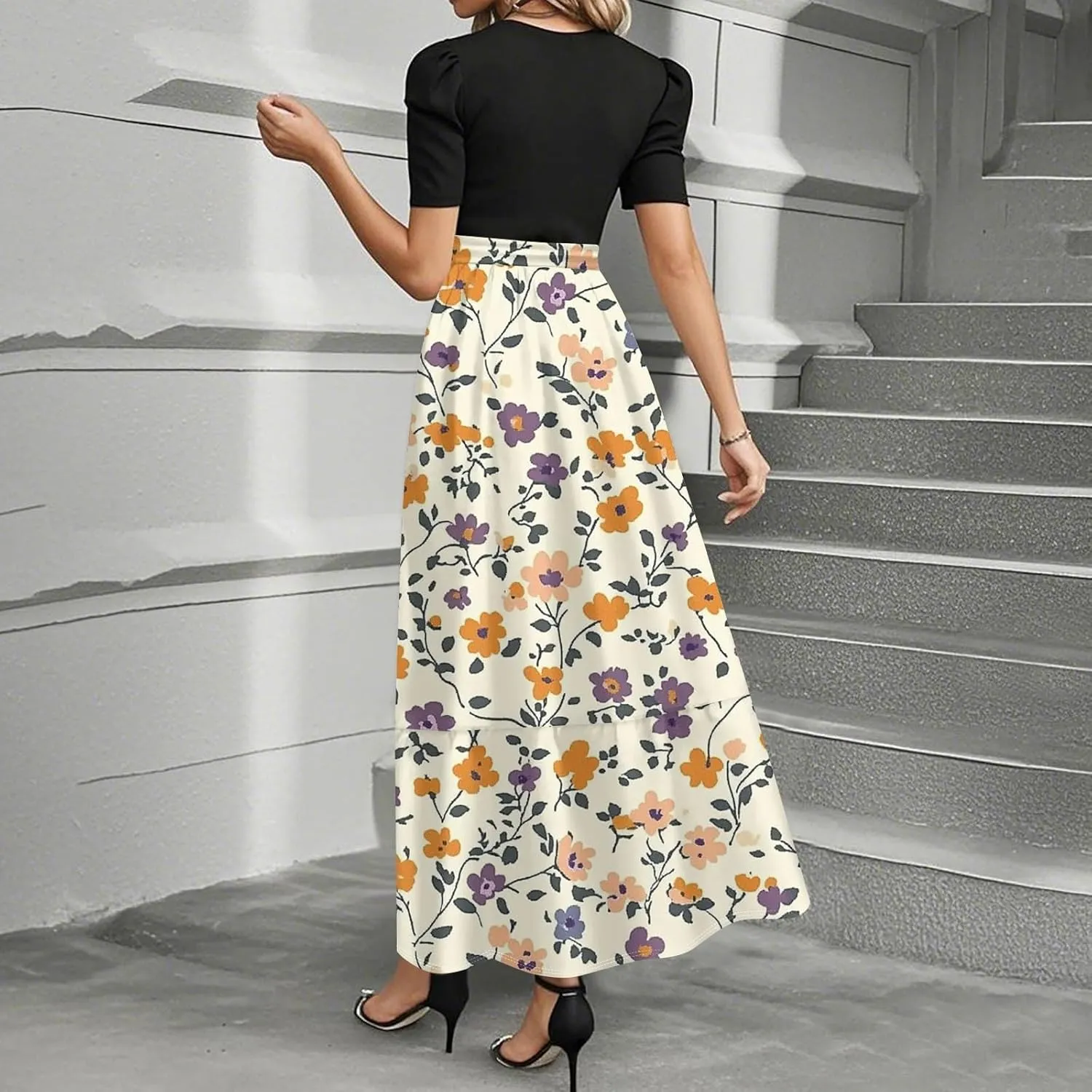 Summer Dresses for Women- Women's Casual Short Sleeve Ruffle Hem Dress Round Neck High Waist A Line Midi Dresses