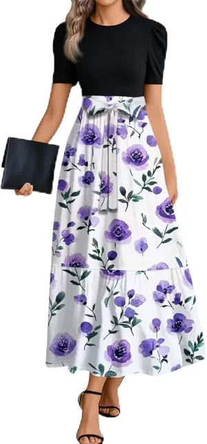 Summer Dresses for Women- Women's Casual Short Sleeve Ruffle Hem Dress Round Neck High Waist A Line Midi Dresses