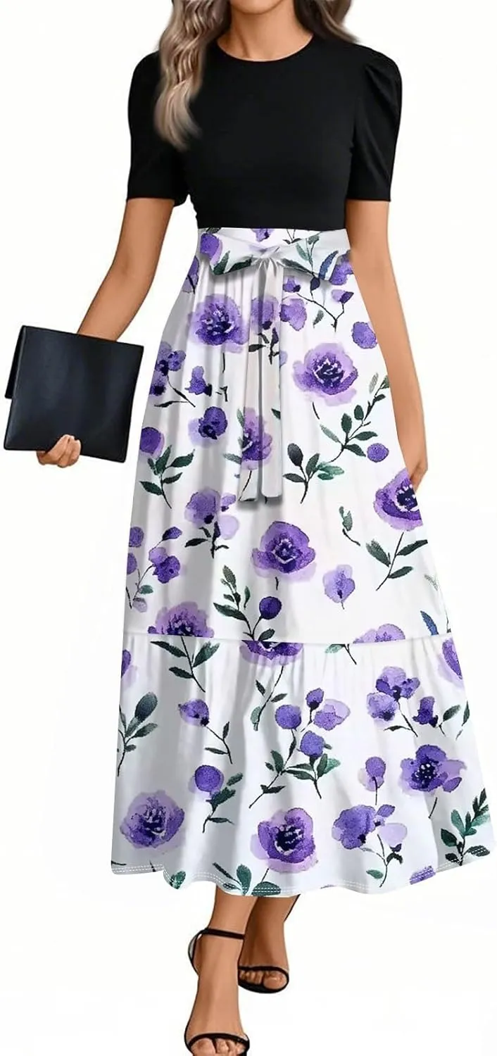 Summer Dresses for Women- Women's Casual Short Sleeve Ruffle Hem Dress Round Neck High Waist A Line Midi Dresses