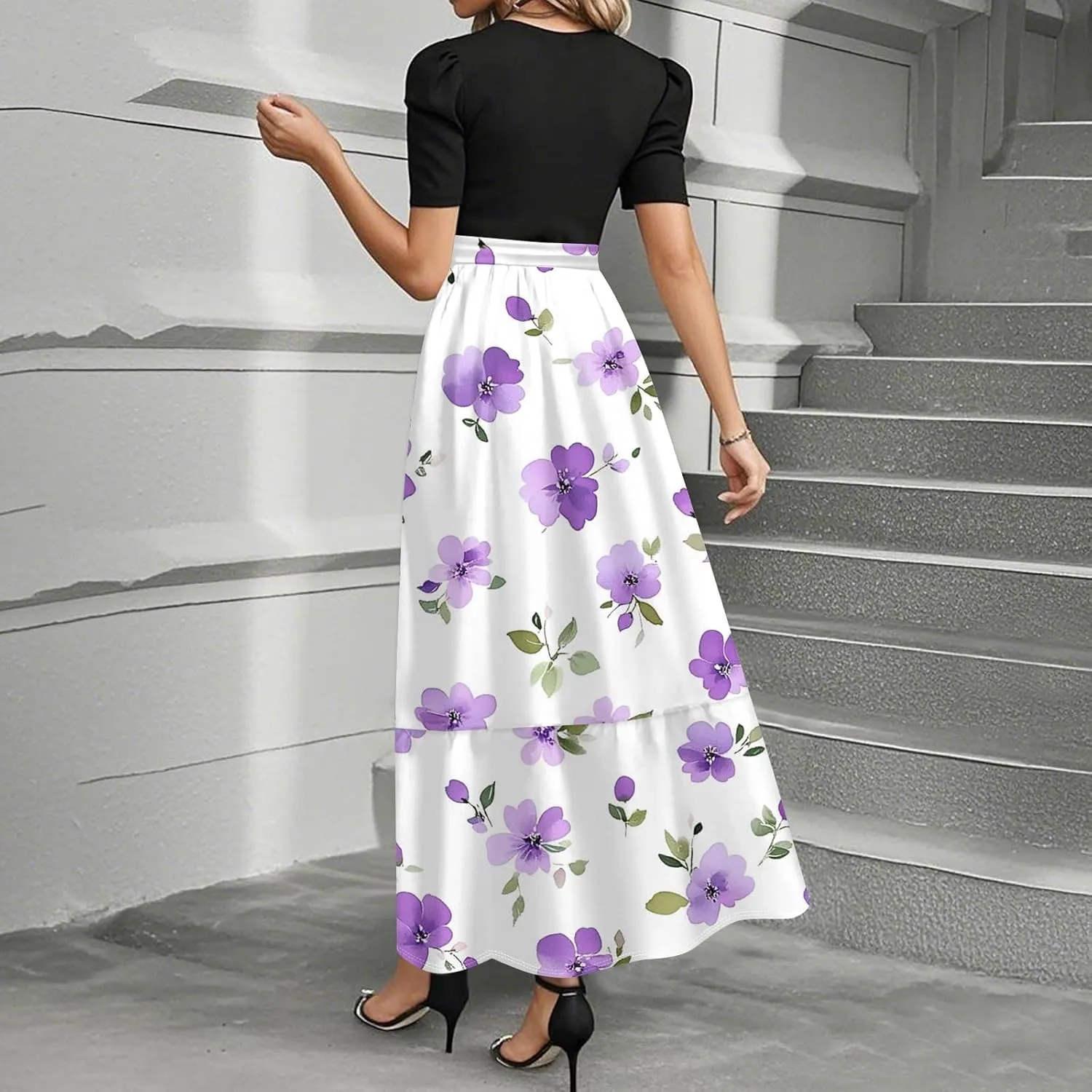 Summer Dresses for Women- Women's Casual Short Sleeve Ruffle Hem Dress Round Neck High Waist A Line Midi Dresses