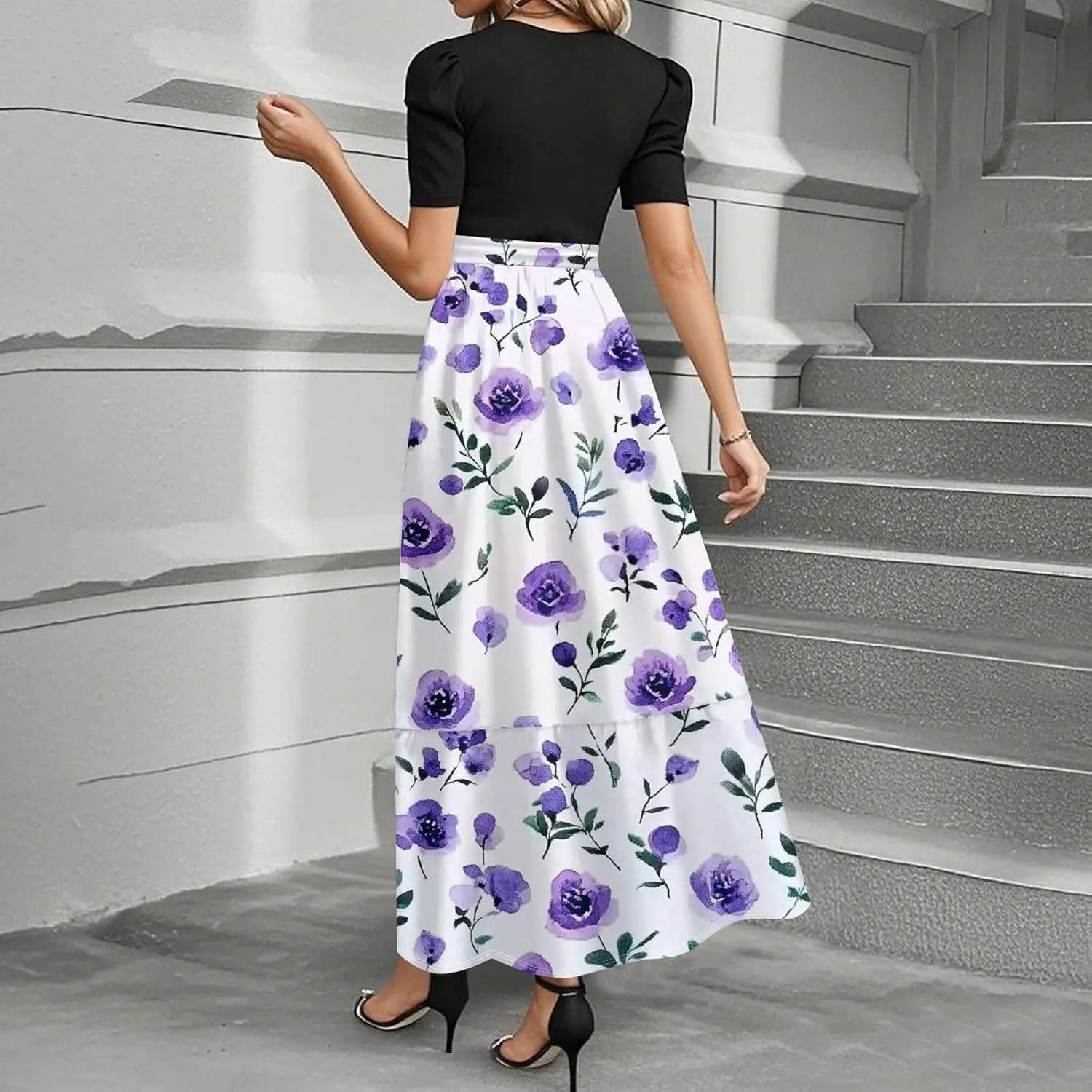 Summer Dresses for Women- Women's Casual Short Sleeve Ruffle Hem Dress Round Neck High Waist A Line Midi Dresses