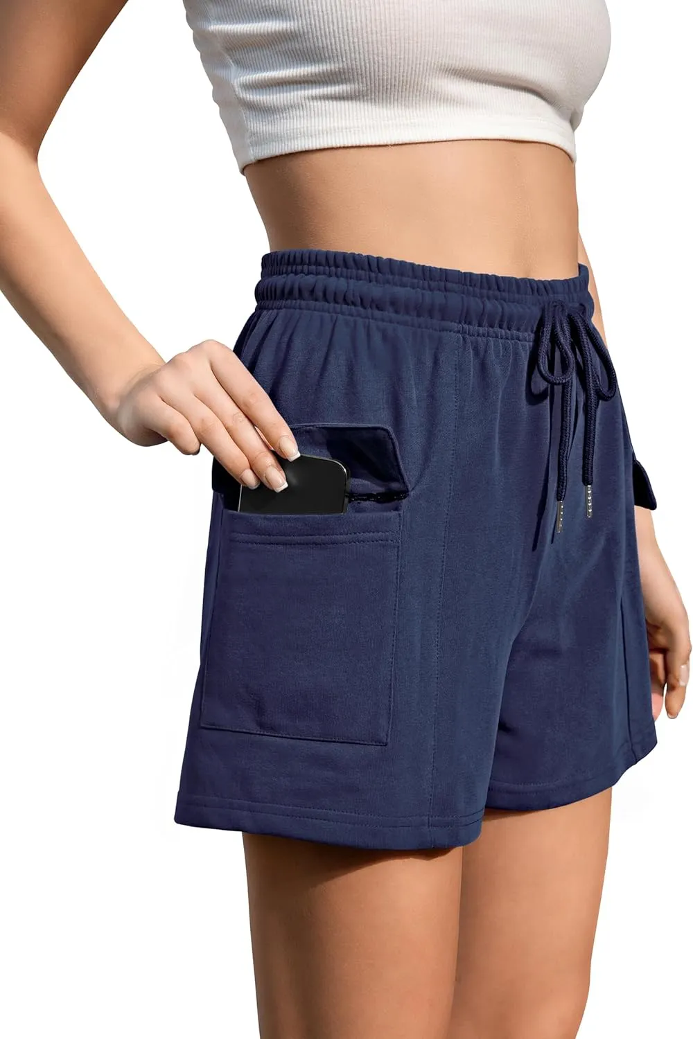 Summer High Waisted Cargo Shorts with Pockets Cotton Drawstring Casual Shorts Women