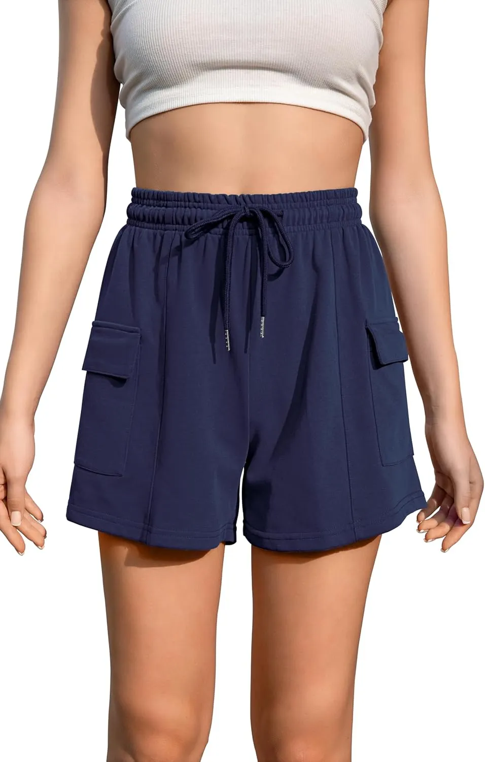 Summer High Waisted Cargo Shorts with Pockets Cotton Drawstring Casual Shorts Women