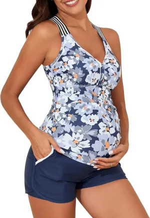 Summer Mae Maternity Two Piece Swimsuit Tankini High Waist Pregnancy Bathing Suit with Pockets Cross Back Swimwear