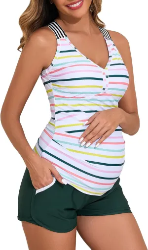 Summer Mae Maternity Two Piece Swimsuit Tankini High Waist Pregnancy Bathing Suit with Pockets Cross Back Swimwear