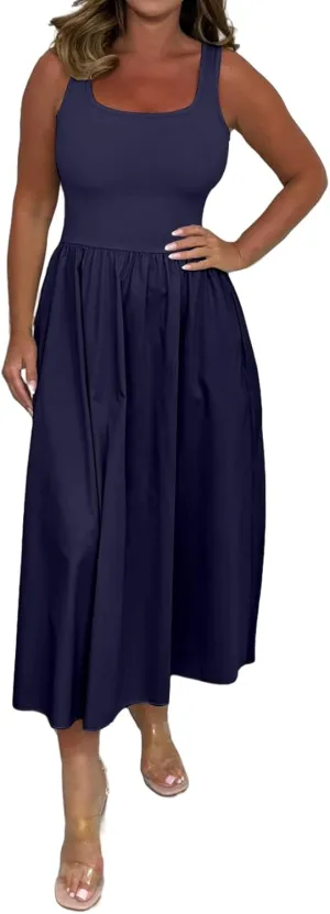 Summer Maxi Dress for Women Sleeveless Square Neck Long Tank Sundresses High Waist Swing Casual Dress 2025