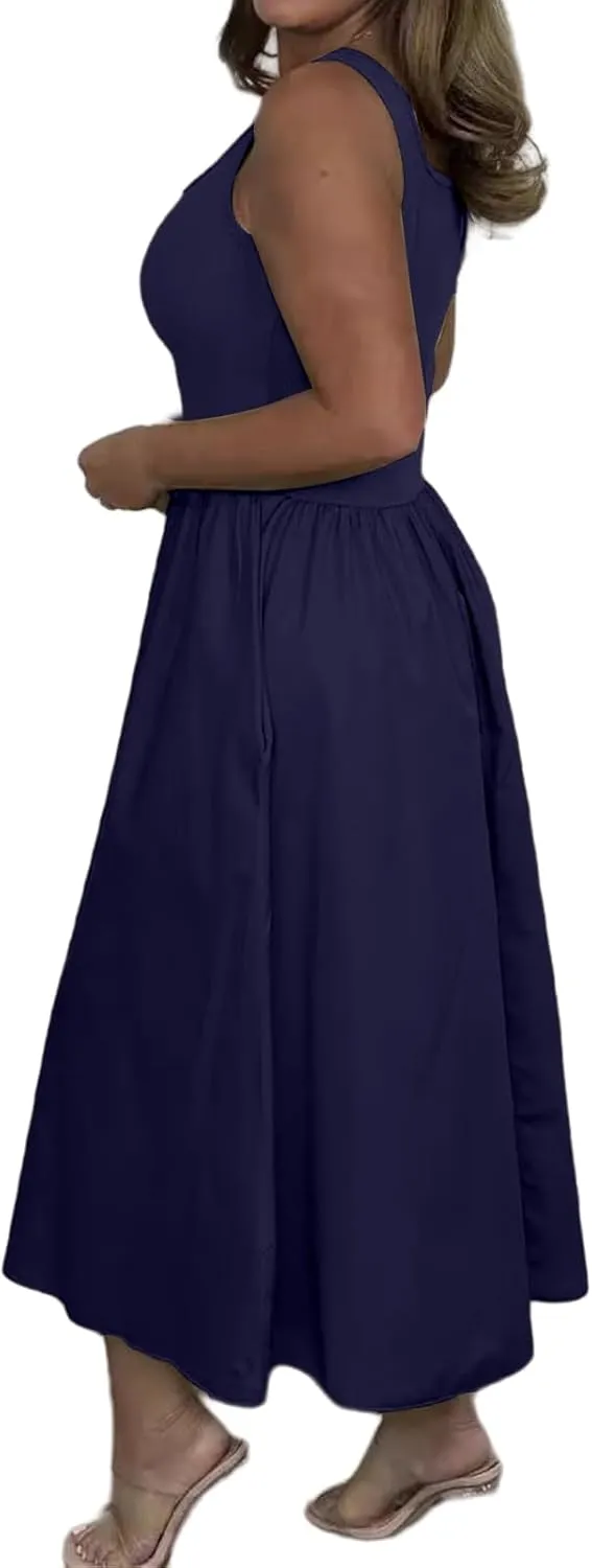 Summer Maxi Dress for Women Sleeveless Square Neck Long Tank Sundresses High Waist Swing Casual Dress 2025