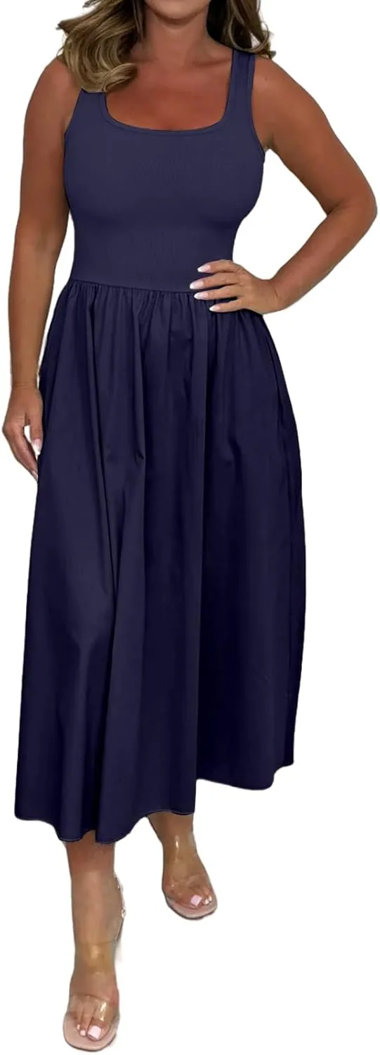 Summer Maxi Dress for Women Sleeveless Square Neck Long Tank Sundresses High Waist Swing Casual Dress 2025