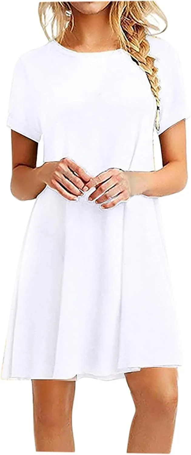 Summer T Shirt Dresses for Women Casual Side Slit Short Sleeve Crew Neck Solid Color Beach Mini Shift Dress