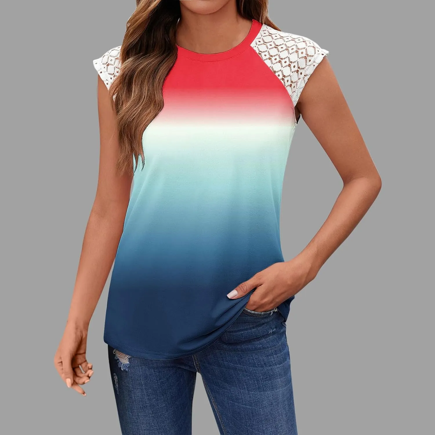 Summer Tank Tops for Women Lace Sleeveless Gradient Color Flowy Tees Round Neck Casual Fashion 2025 Beach Shirts Top