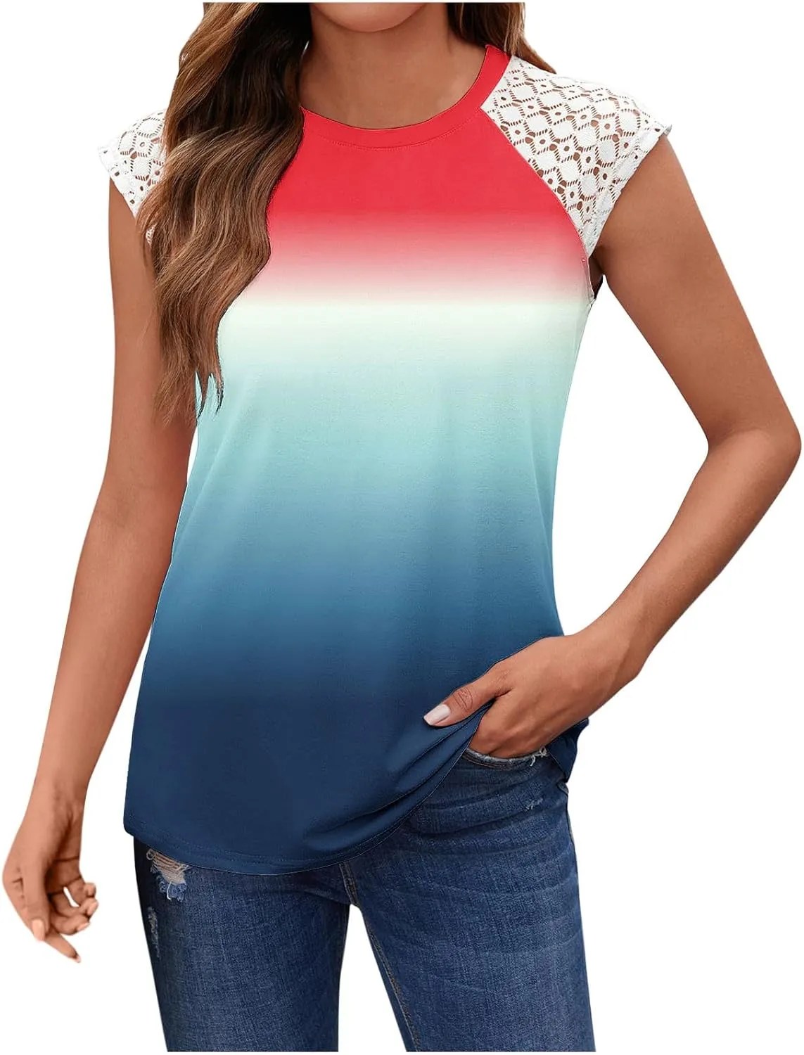 Summer Tank Tops for Women Lace Sleeveless Gradient Color Flowy Tees Round Neck Casual Fashion 2025 Beach Shirts Top