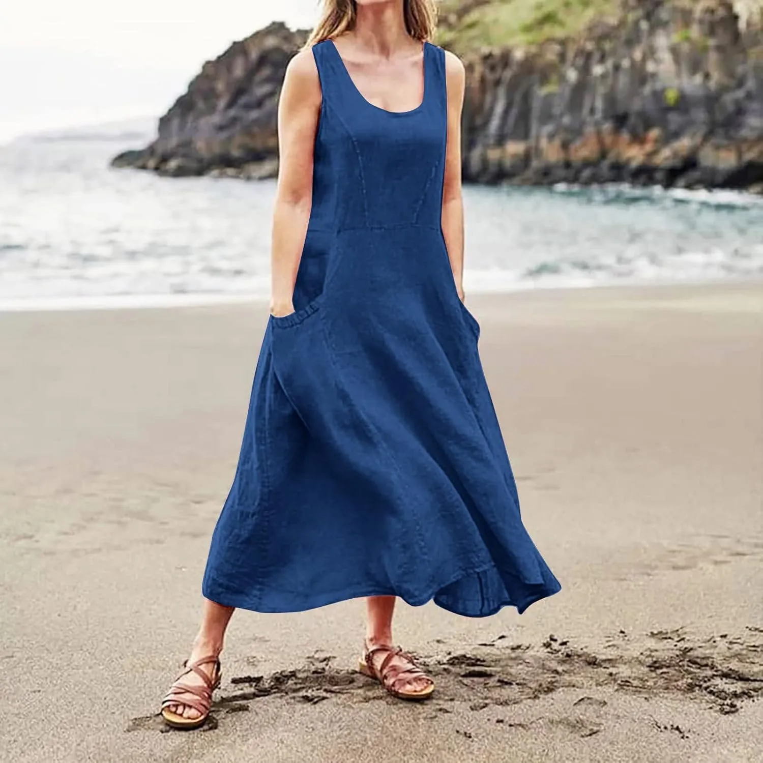 Sundresses for Women 2024 Casual Cotton Linen Maxi Dresses with Pockets Loose Solid Sun Dress Plus Size Summer Dress