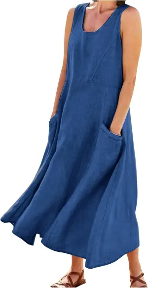 Sundresses for Women 2024 Casual Cotton Linen Maxi Dresses with Pockets Loose Solid Sun Dress Plus Size Summer Dress