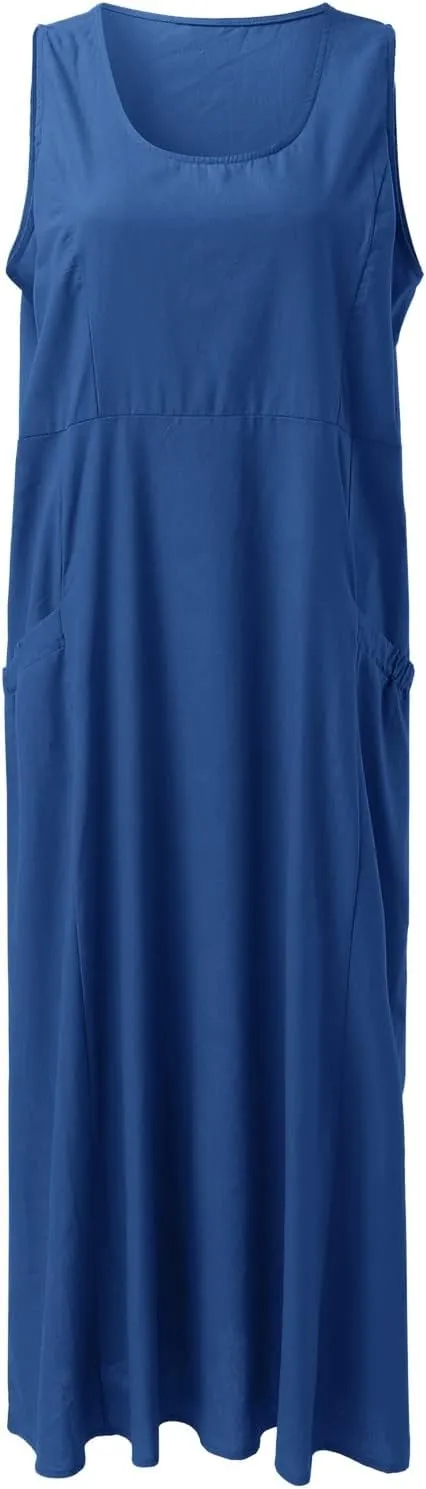 Sundresses for Women 2024 Casual Cotton Linen Maxi Dresses with Pockets Loose Solid Sun Dress Plus Size Summer Dress