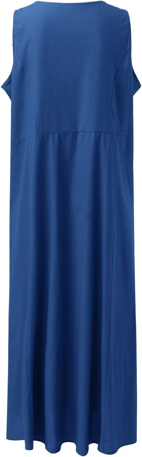 Sundresses for Women 2024 Casual Cotton Linen Maxi Dresses with Pockets Loose Solid Sun Dress Plus Size Summer Dress