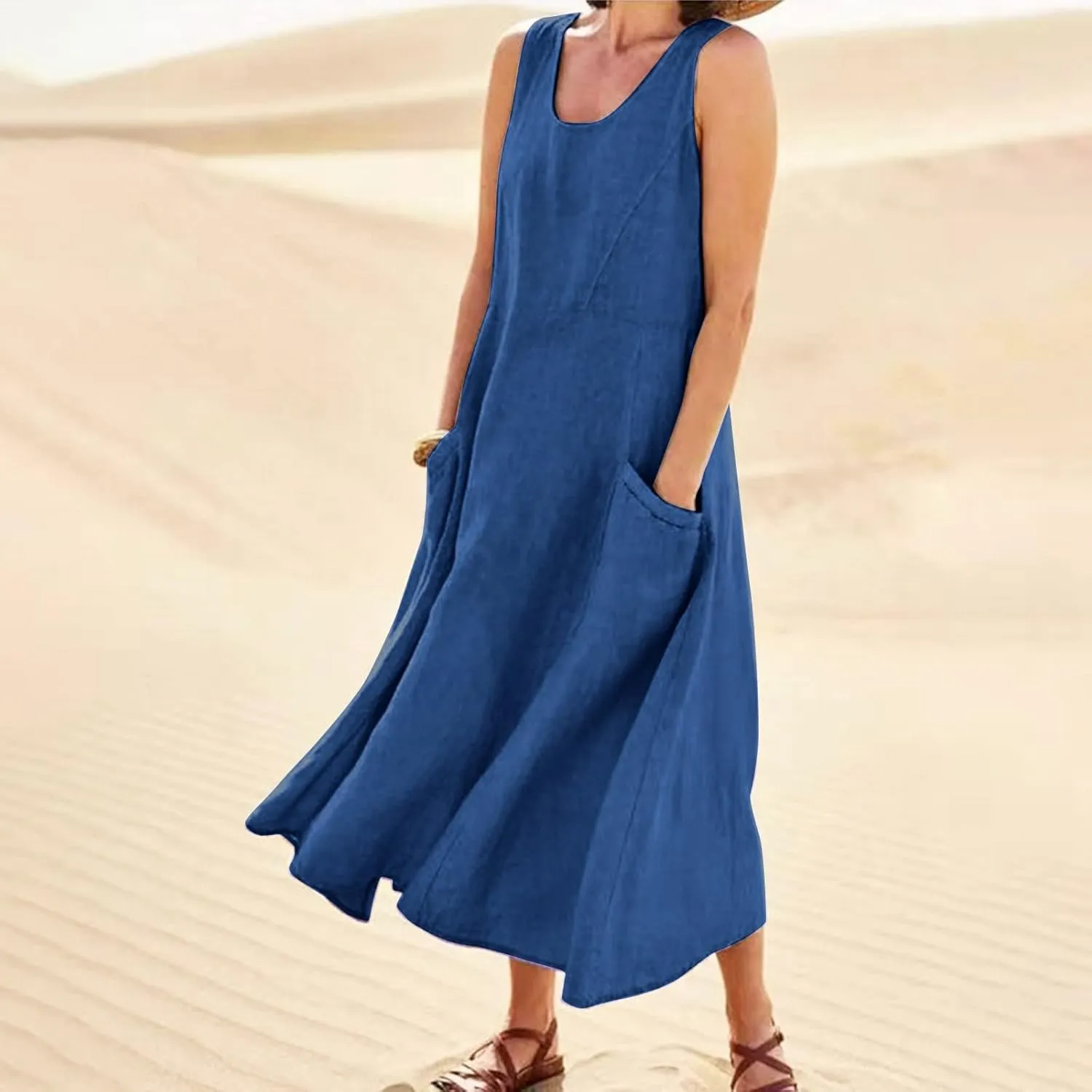 Sundresses for Women 2024 Casual Cotton Linen Maxi Dresses with Pockets Loose Solid Sun Dress Plus Size Summer Dress