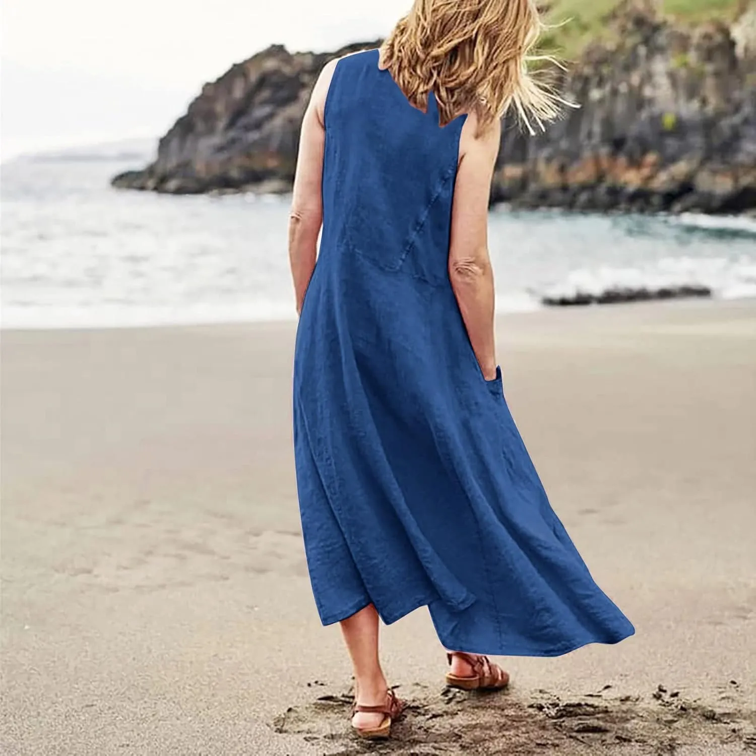 Sundresses for Women 2024 Casual Cotton Linen Maxi Dresses with Pockets Loose Solid Sun Dress Plus Size Summer Dress