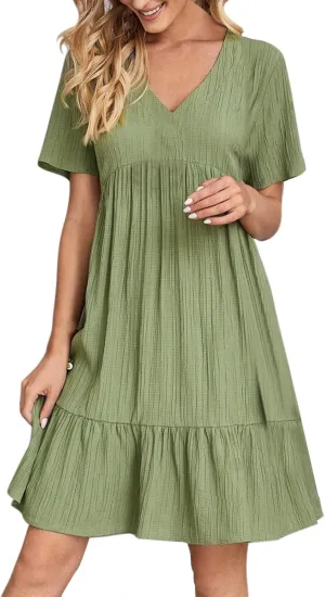 Sundresses for Women 2025 Casual Loose Fit Prom Bohemian Short Dress Plus Size Solid Color Swing V Neck Tiered Flowy Dress