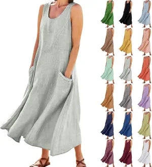 Sundresses for Women 2025 Vacation Plus Size Linen Maxi Dress Flwoy Summer Boho Beach Tank Dress with Pockets