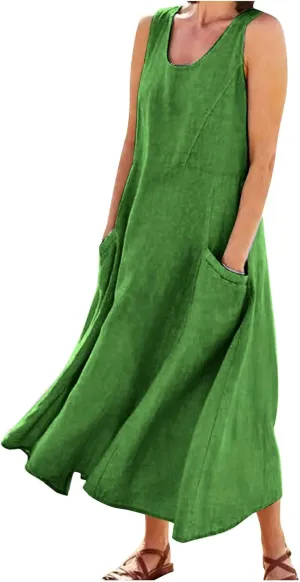Sundresses for Women 2025 Vacation Plus Size Linen Maxi Dress Flwoy Summer Boho Beach Tank Dress with Pockets
