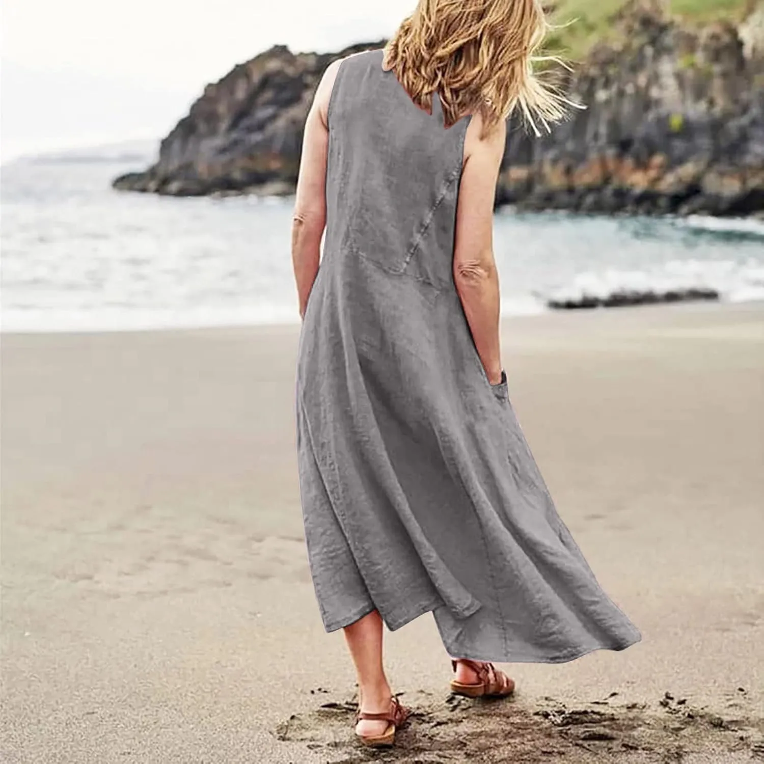 Sundresses for Women 2025 Vacation Plus Size Linen Maxi Dress Flwoy Summer Boho Beach Tank Dress with Pockets