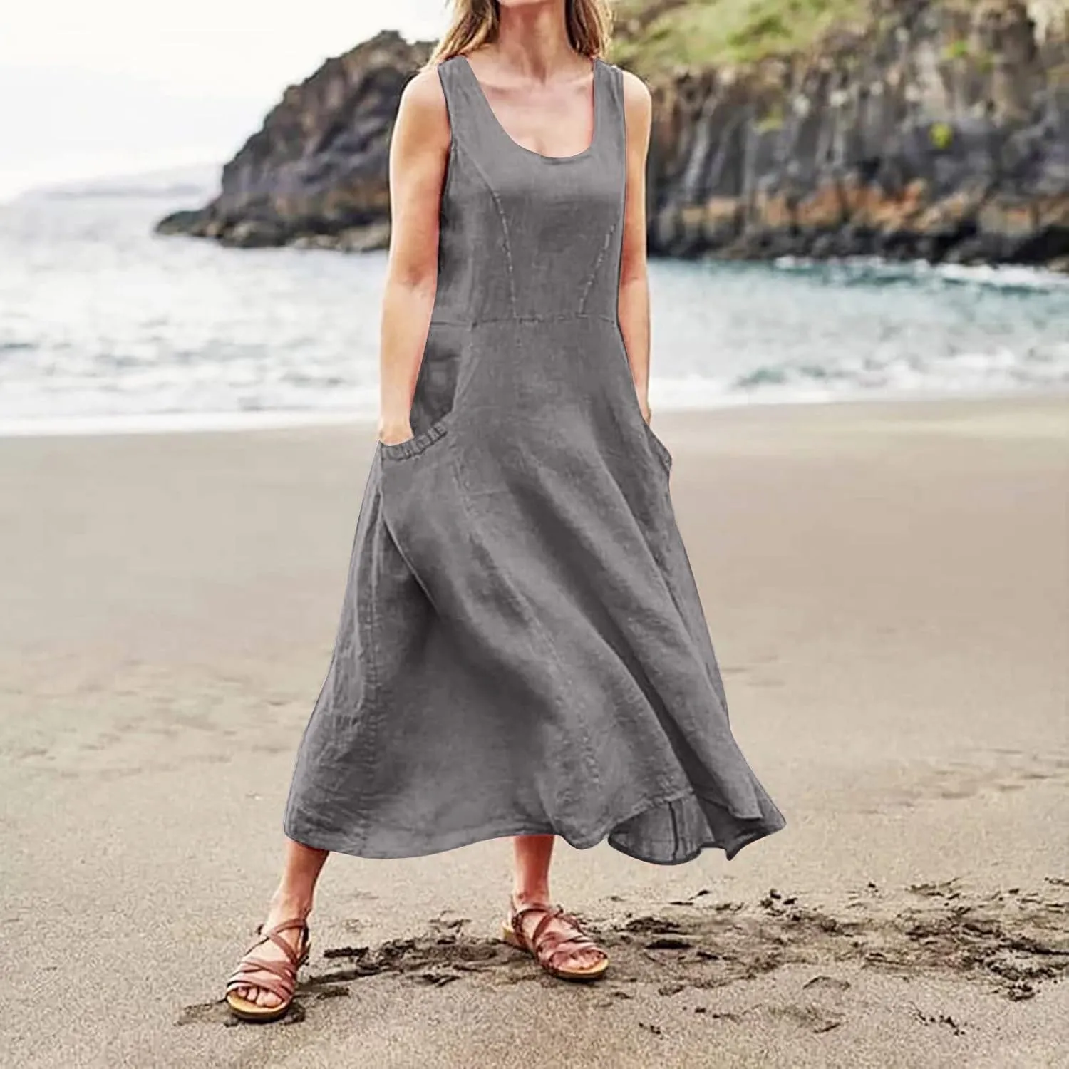 Sundresses for Women 2025 Vacation Plus Size Linen Maxi Dress Flwoy Summer Boho Beach Tank Dress with Pockets