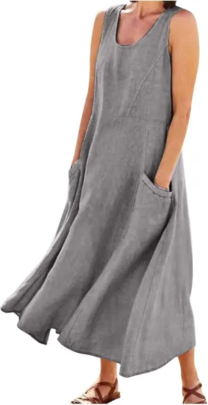 Sundresses for Women 2025 Vacation Plus Size Linen Maxi Dress Flwoy Summer Boho Beach Tank Dress with Pockets