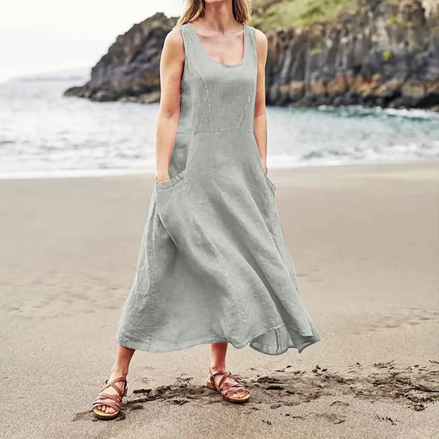 Sundresses for Women 2025 Vacation Plus Size Linen Maxi Dress Flwoy Summer Boho Beach Tank Dress with Pockets