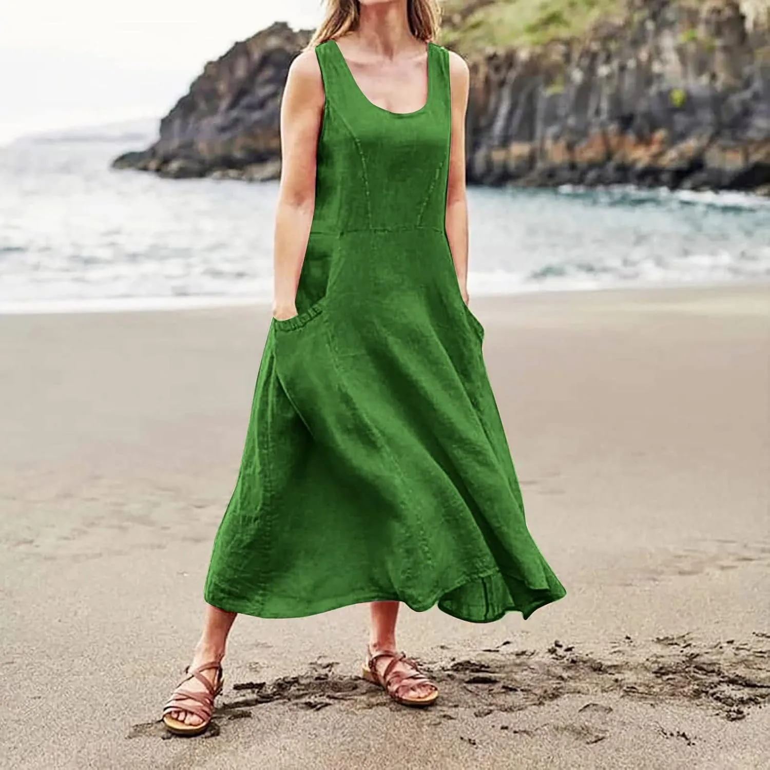 Sundresses for Women 2025 Vacation Plus Size Linen Maxi Dress Flwoy Summer Boho Beach Tank Dress with Pockets