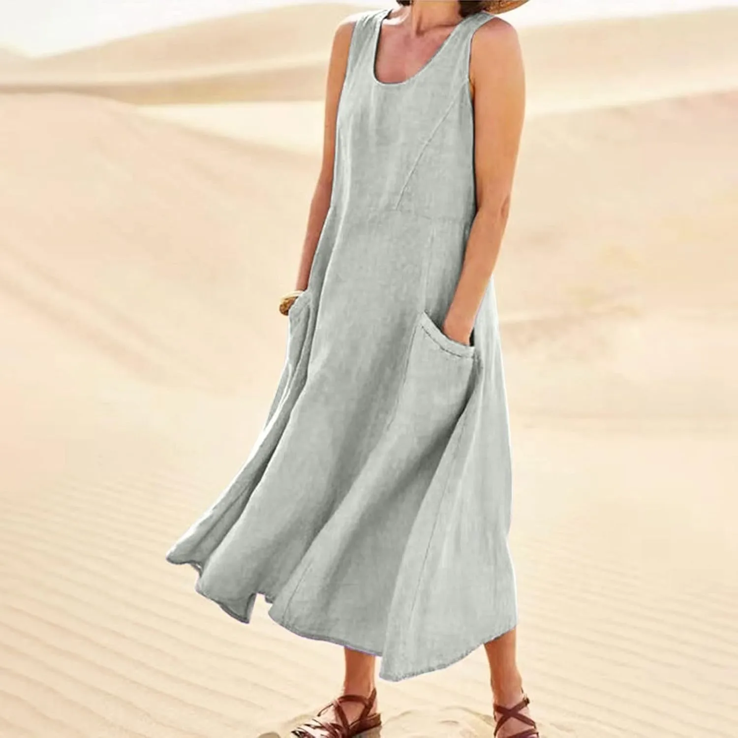 Sundresses for Women 2025 Vacation Plus Size Linen Maxi Dress Flwoy Summer Boho Beach Tank Dress with Pockets