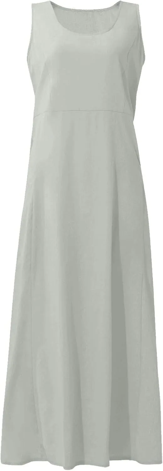 Sundresses for Women 2025 Vacation Plus Size Linen Maxi Dress Flwoy Summer Boho Beach Tank Dress with Pockets