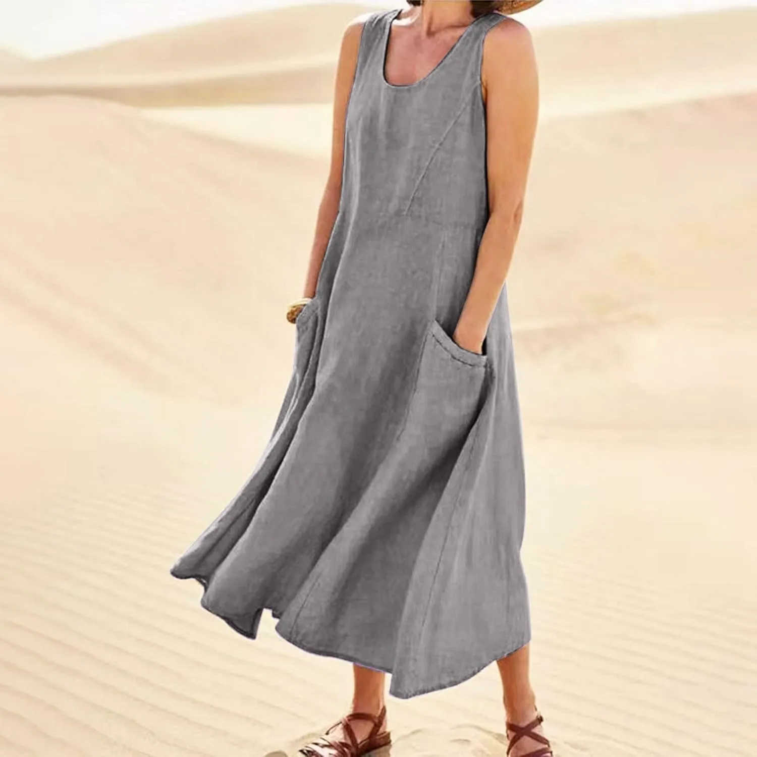 Sundresses for Women 2025 Vacation Plus Size Linen Maxi Dress Flwoy Summer Boho Beach Tank Dress with Pockets