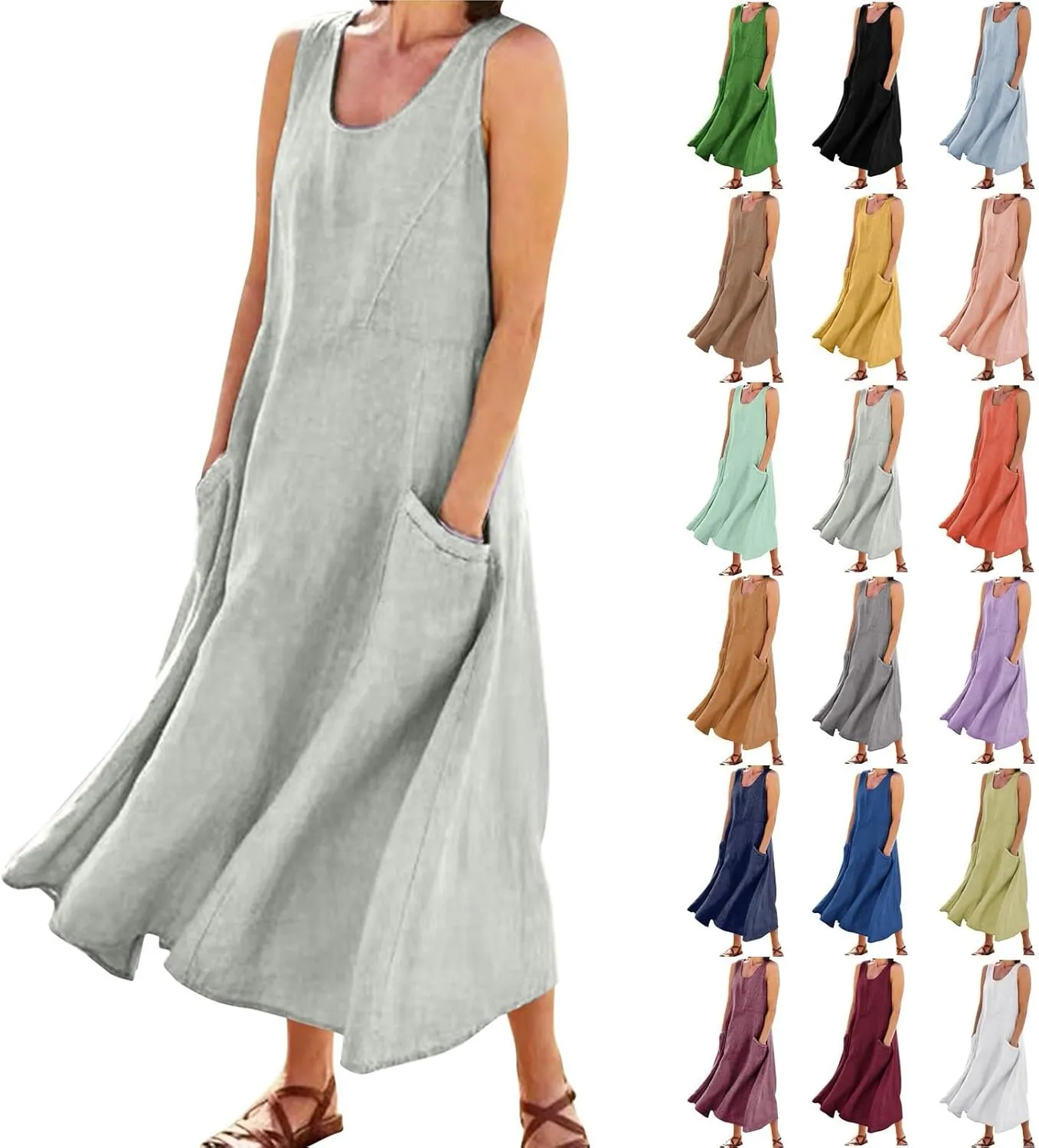 Sundresses for Women 2025 Vacation Plus Size Linen Maxi Dress Flwoy Summer Boho Beach Tank Dress with Pockets