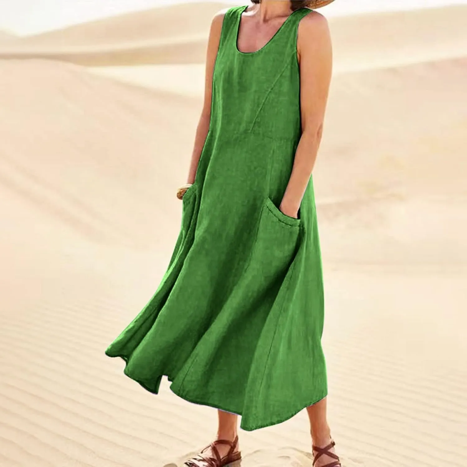 Sundresses for Women 2025 Vacation Plus Size Linen Maxi Dress Flwoy Summer Boho Beach Tank Dress with Pockets