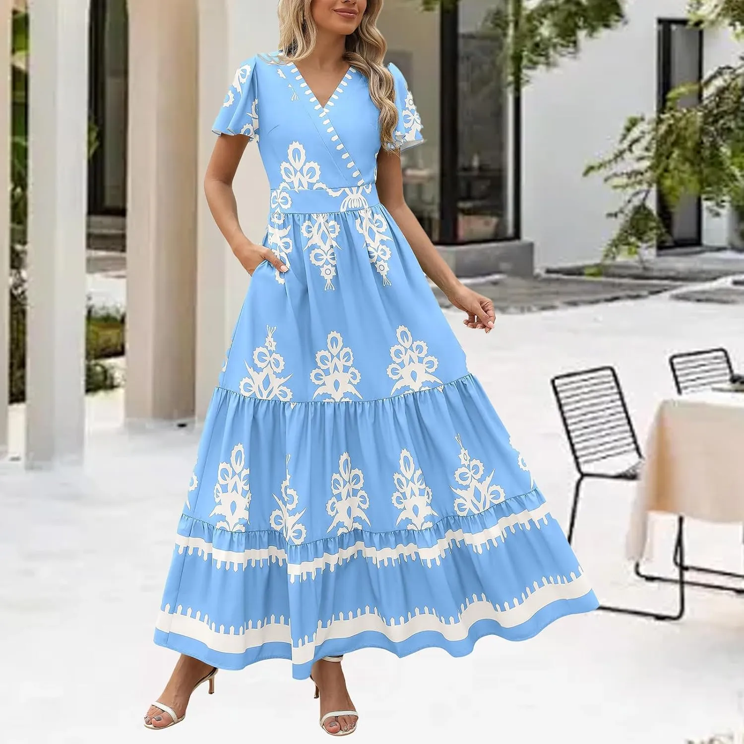 Sundresses for Women Boho Dress A Line V Neck Short Sleeve Dresses High Waist Flowy Floral Printed Dresses 2025