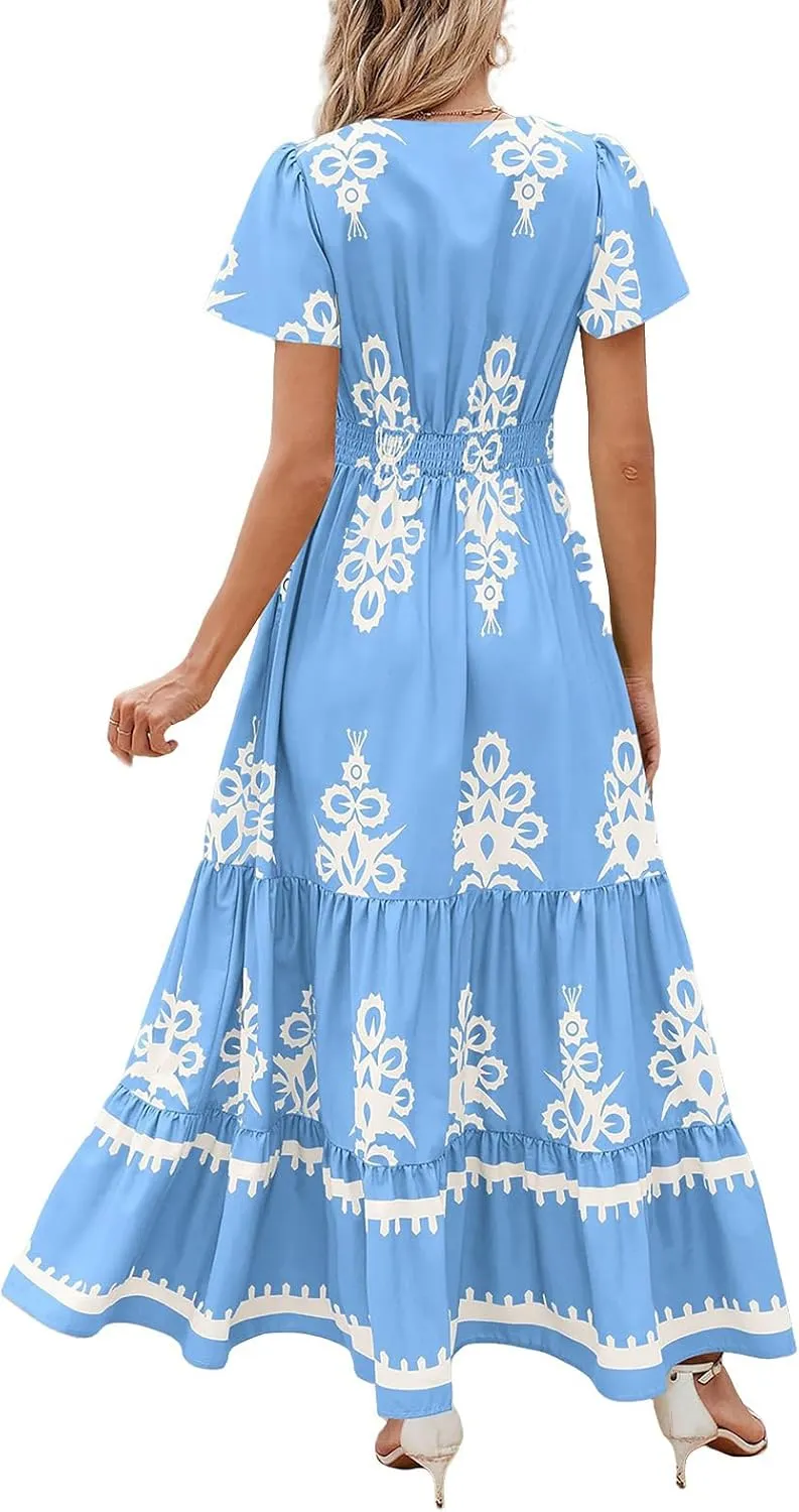 Sundresses for Women Boho Dress A Line V Neck Short Sleeve Dresses High Waist Flowy Floral Printed Dresses 2025