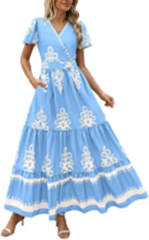 Sundresses for Women Boho Dress A Line V Neck Short Sleeve Dresses High Waist Flowy Floral Printed Dresses 2025