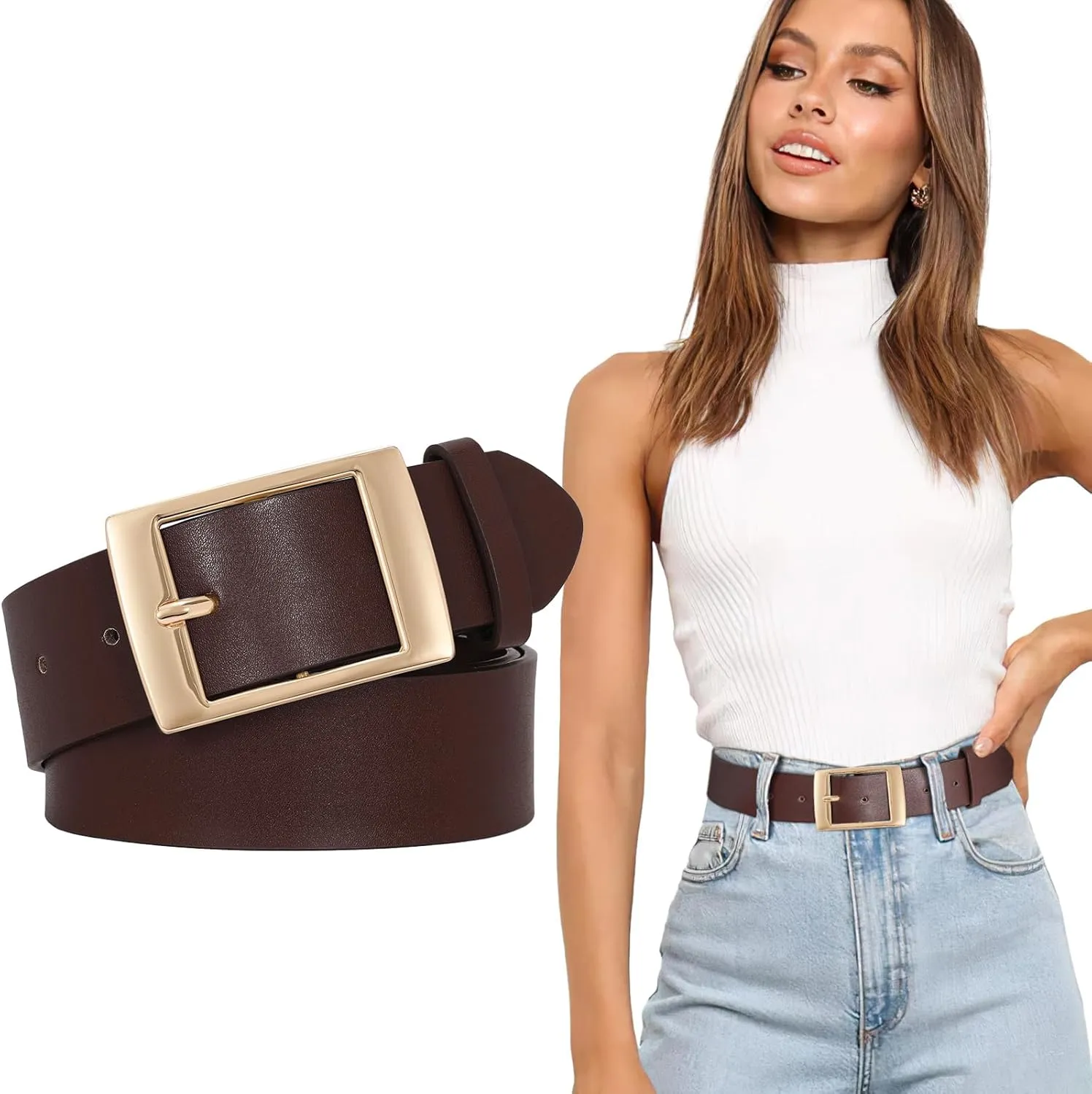 SUOSDEY Fashion Womens Leather Belts,Wide Waist Belt with Pin Buckle for Jeans Pants Dresses,1.5" width