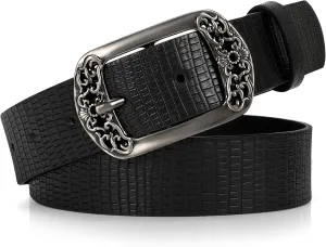 SUOSDEY Womens Leather Belts Western Vintage Women's Belt with Engraved Buckle Ladies Belt for Jeans Pants
