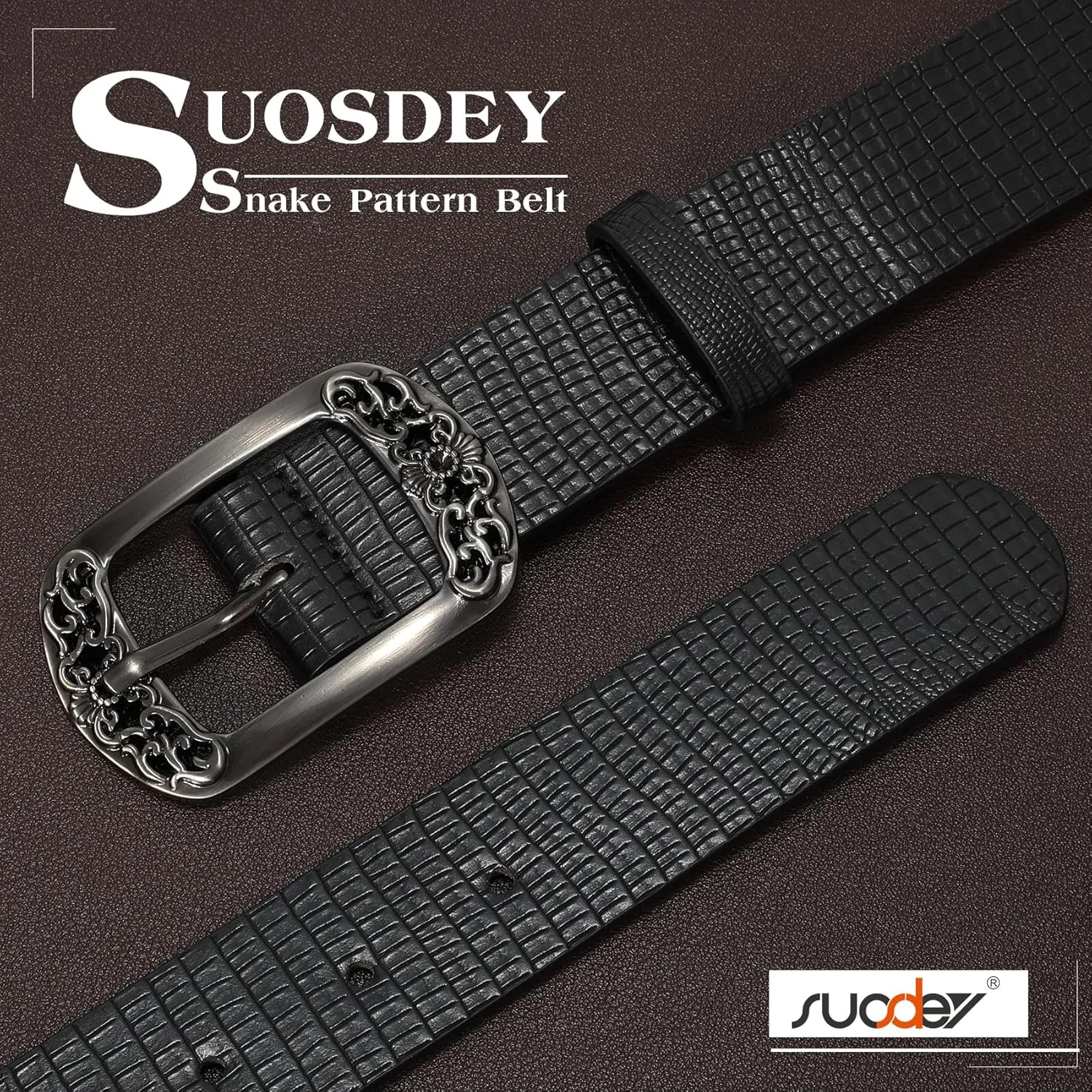 SUOSDEY Womens Leather Belts Western Vintage Women's Belt with Engraved Buckle Ladies Belt for Jeans Pants