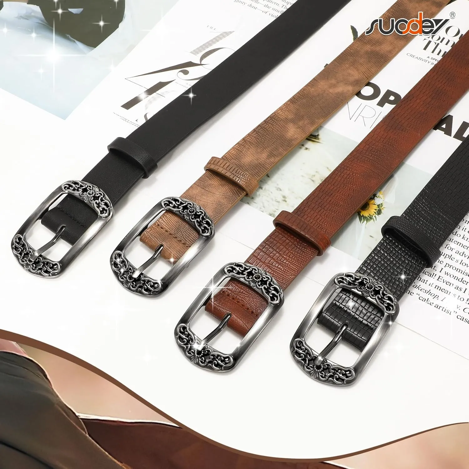 SUOSDEY Womens Leather Belts Western Vintage Women's Belt with Engraved Buckle Ladies Belt for Jeans Pants