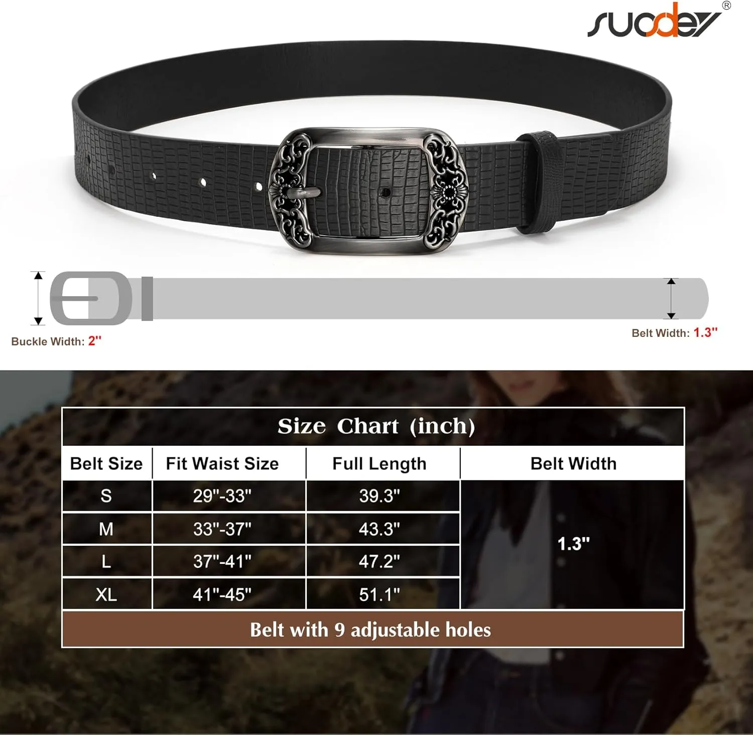 SUOSDEY Womens Leather Belts Western Vintage Women's Belt with Engraved Buckle Ladies Belt for Jeans Pants
