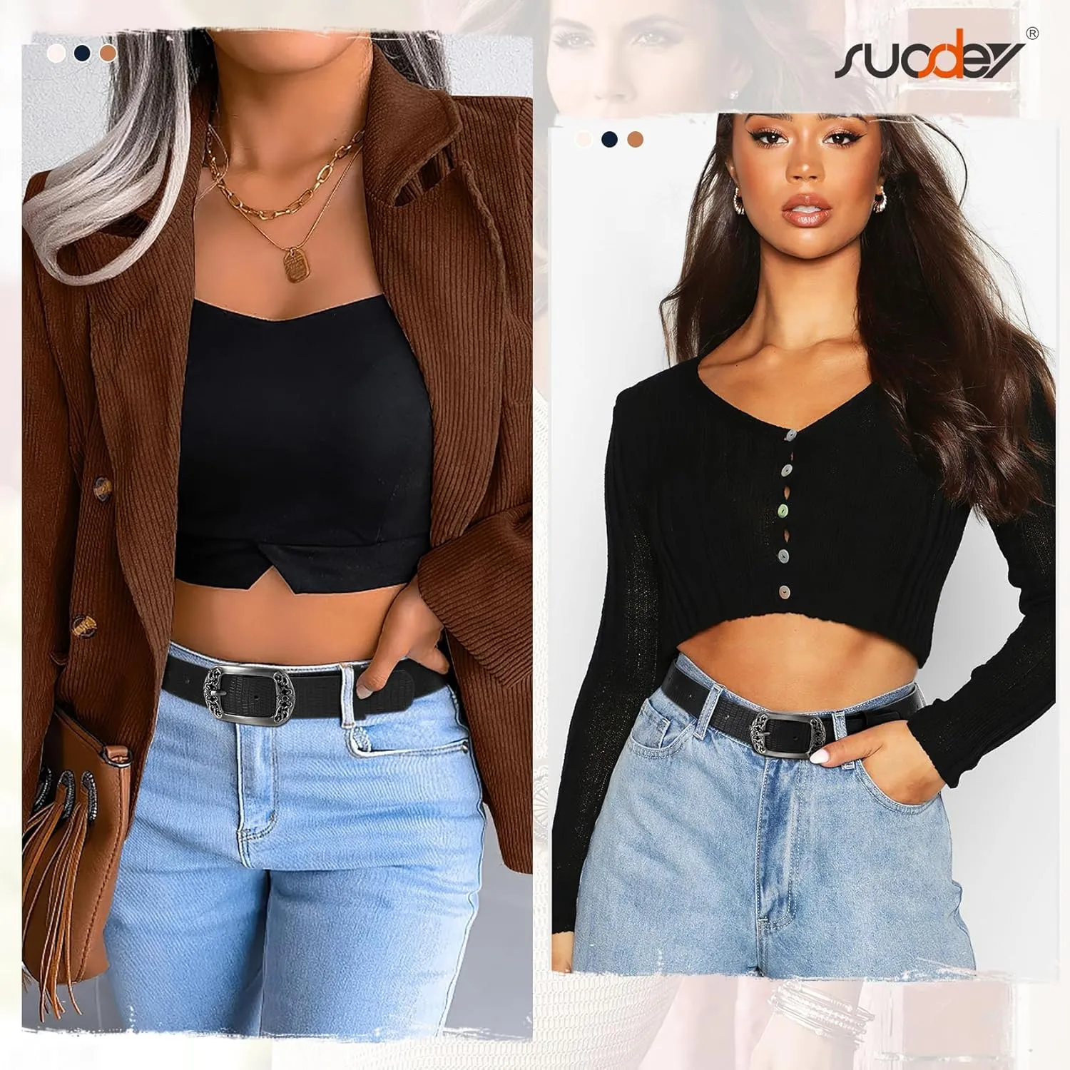 SUOSDEY Womens Leather Belts Western Vintage Women's Belt with Engraved Buckle Ladies Belt for Jeans Pants