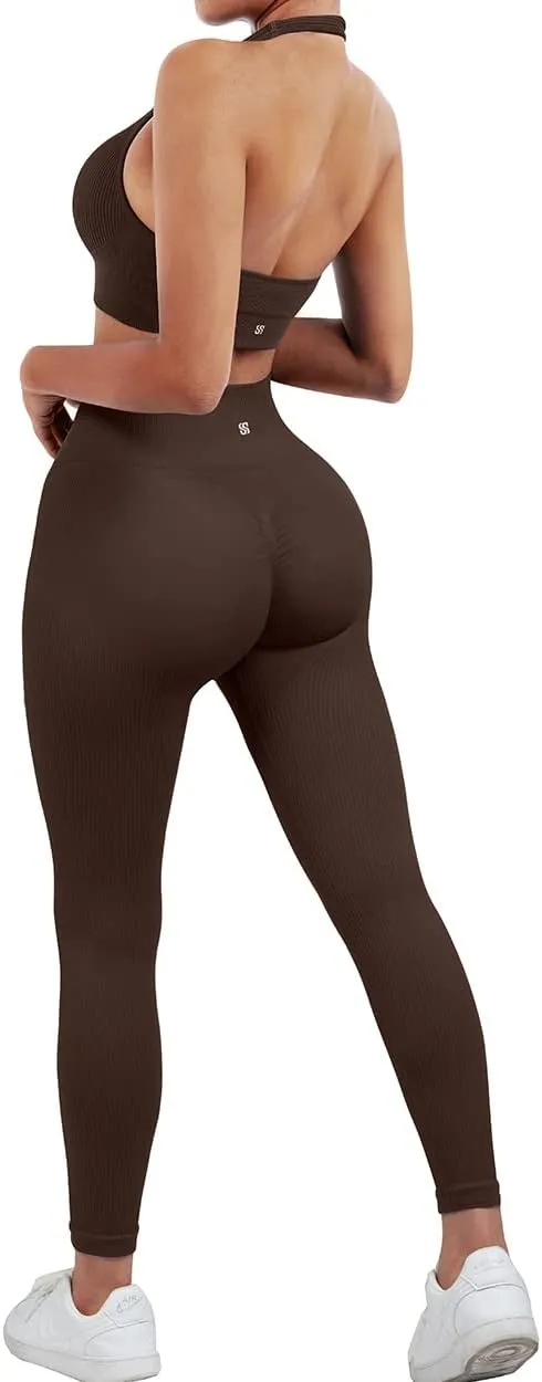 SUUKSESS Women Seamless Ribbed Workout Set Backless Sports Bra Booty Biker Short