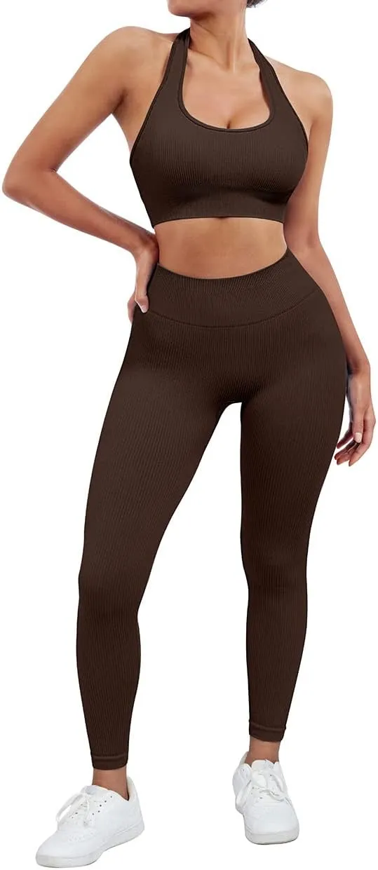 SUUKSESS Women Seamless Ribbed Workout Set Backless Sports Bra Booty Biker Short