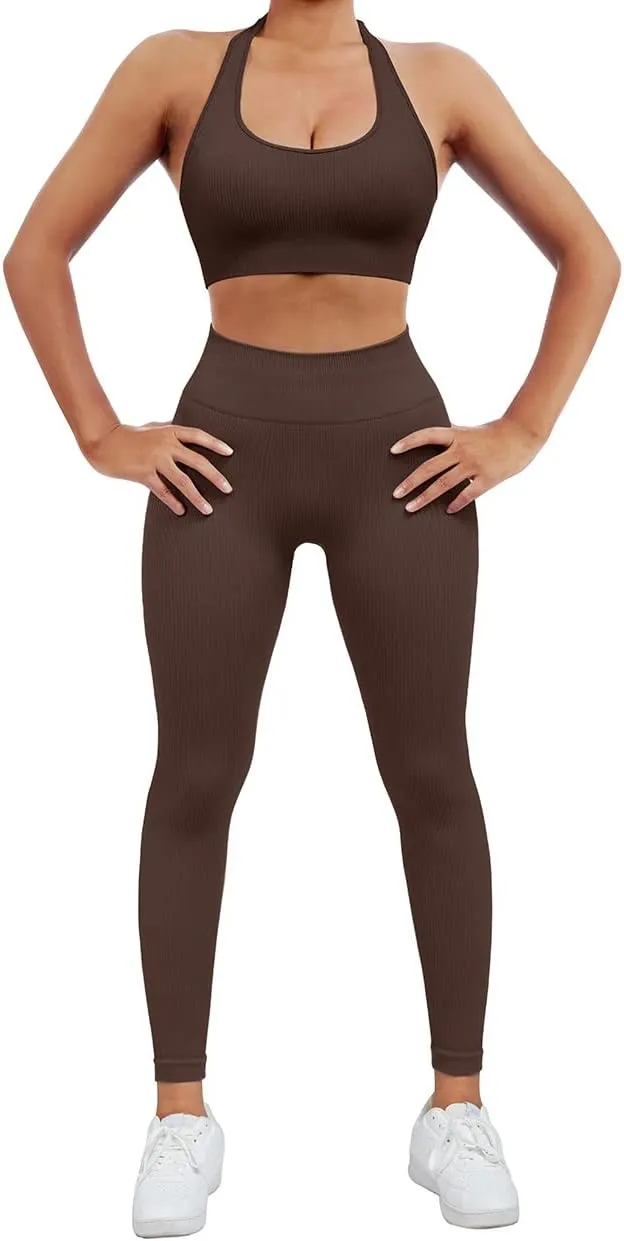 SUUKSESS Women Seamless Ribbed Workout Set Backless Sports Bra Booty Biker Short