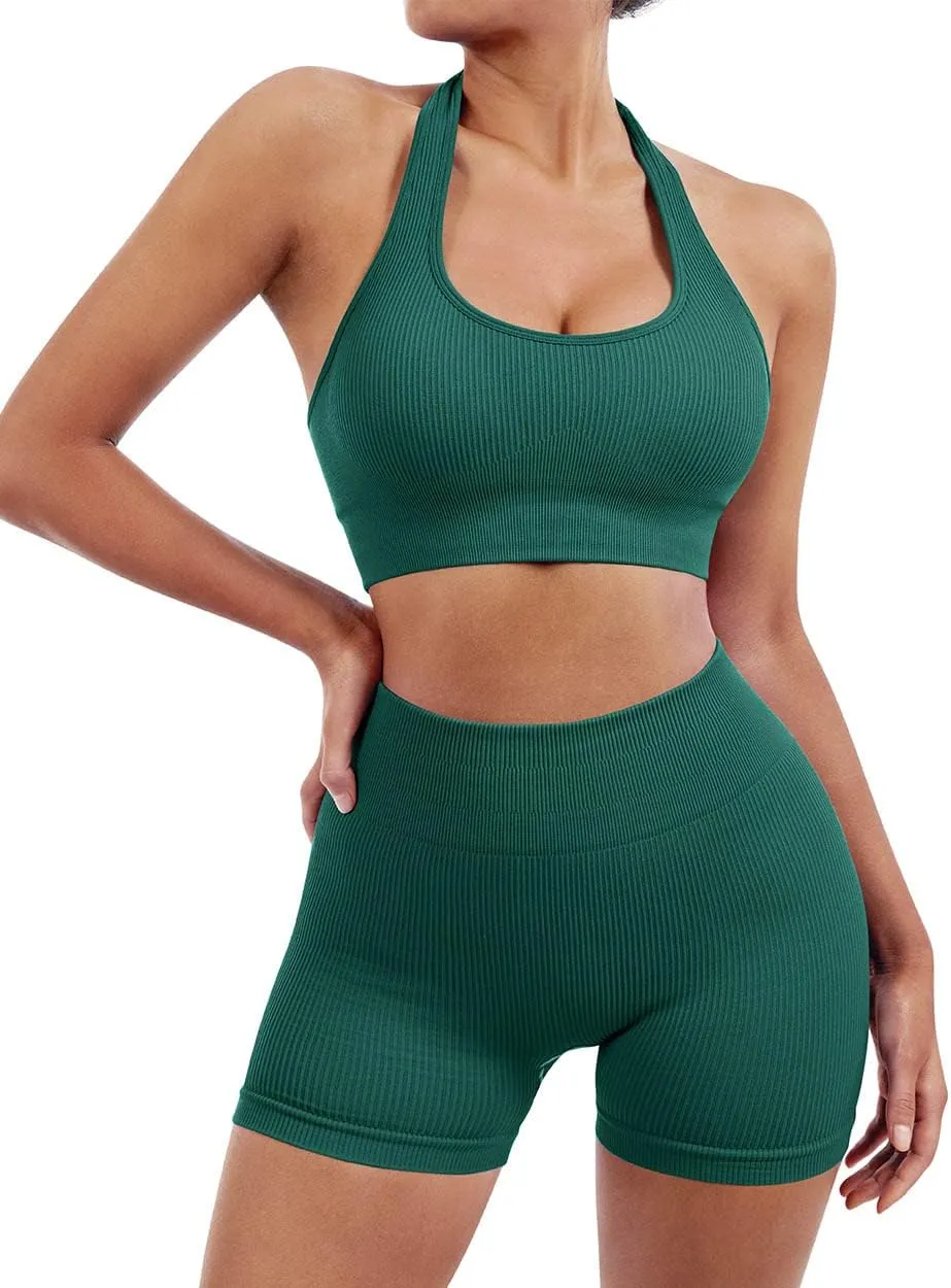 SUUKSESS Women Seamless Ribbed Workout Set Backless Sports Bra Booty Biker Short